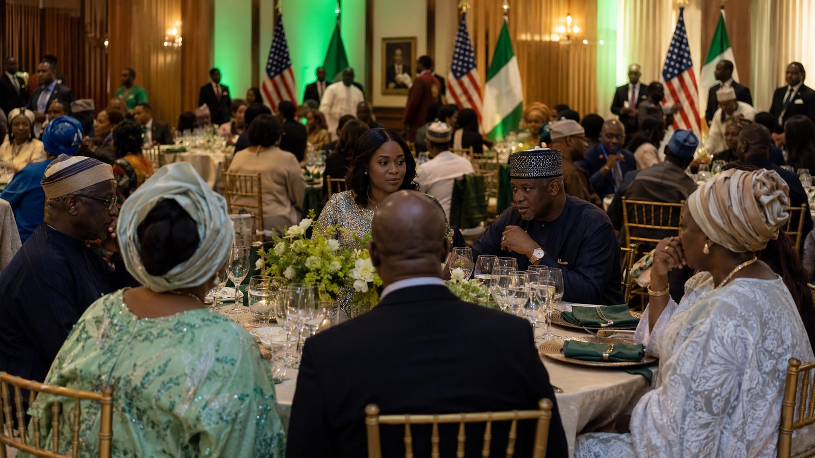 Guests celebrating together at a Nigerian Independence Day dinner, with Nigerian and American flags