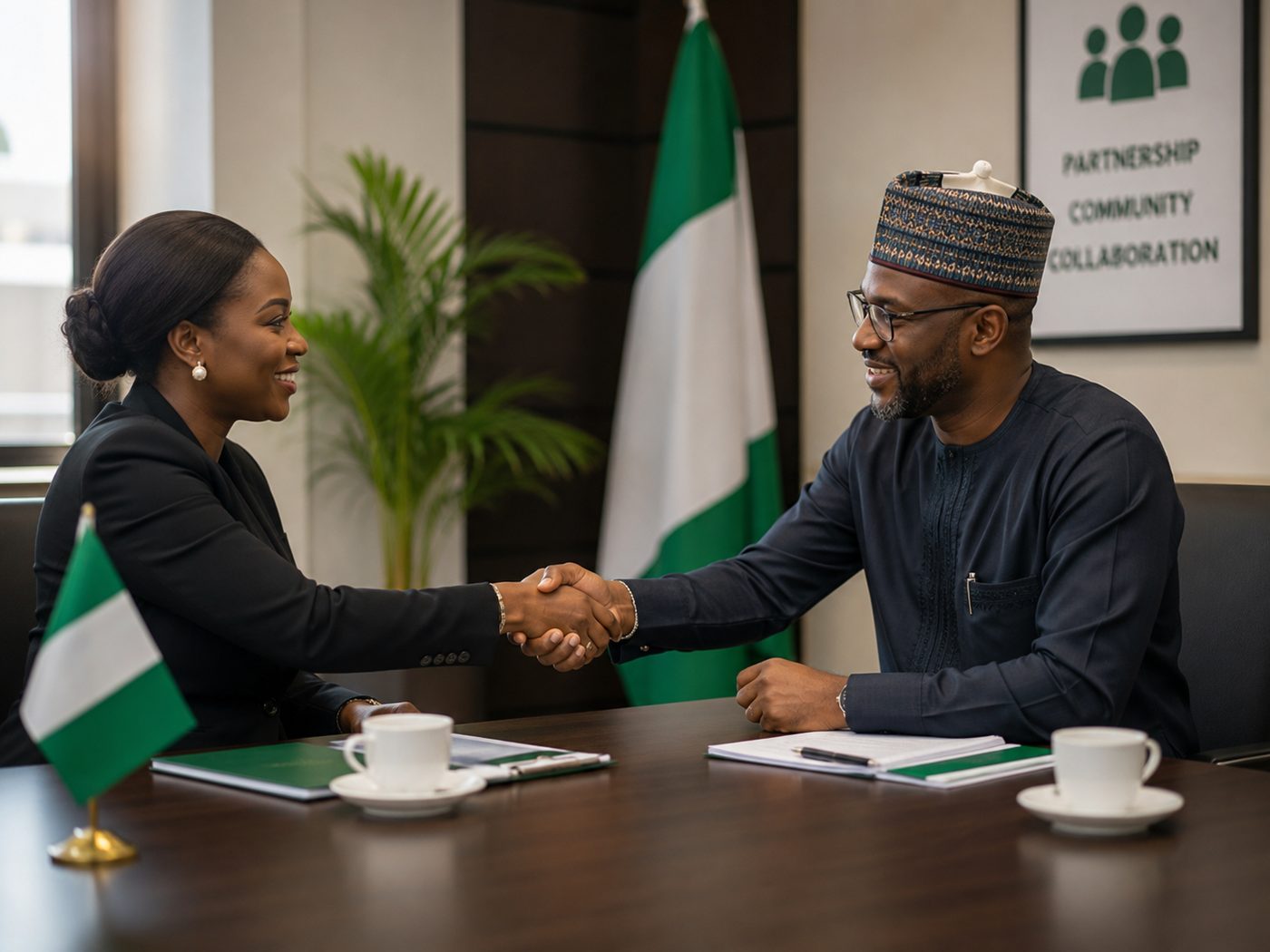 Partnership handshake with Nigerian flag
