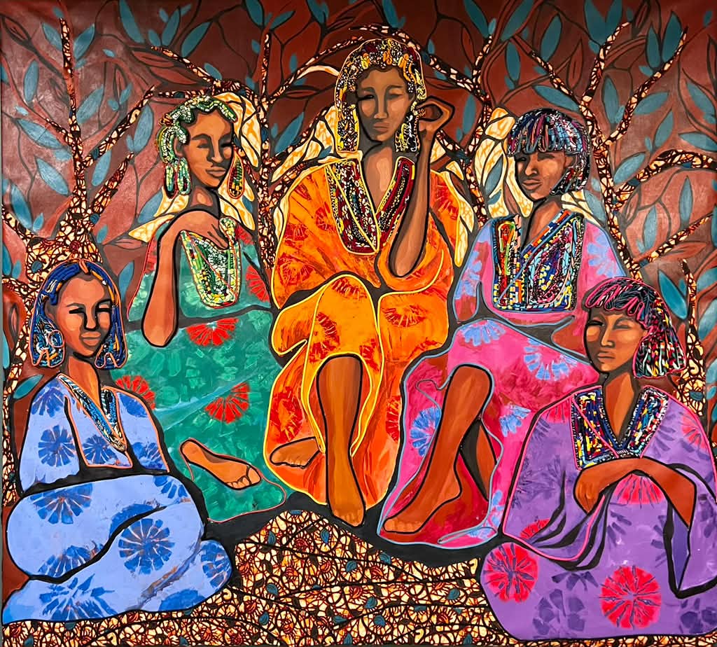 Vibrant beaded and mosaic artwork depicting Nigerian women in traditional attire